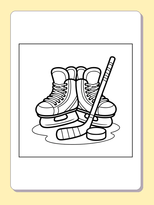 Black and white printable laced skates with stick and puck coloring sheet