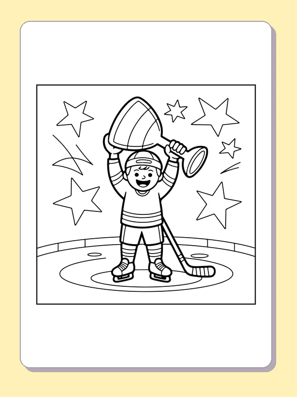 Black and white printable player lifting a hockey trophy coloring sheet