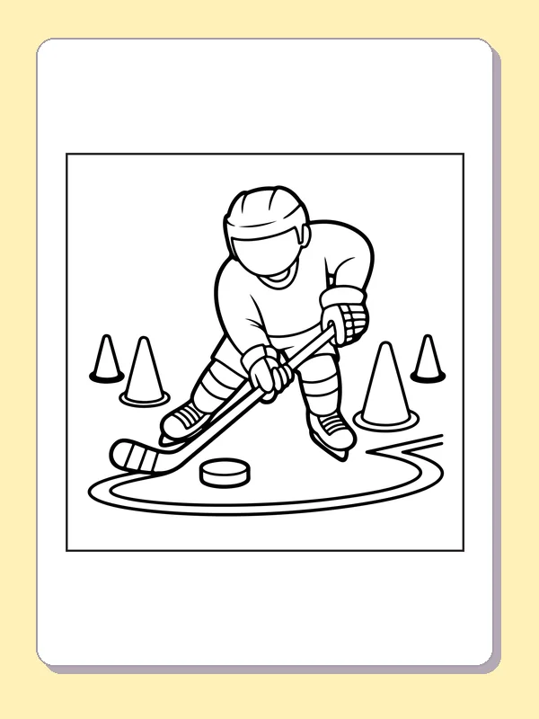 Black and white printable player weaving around practice cones coloring sheet