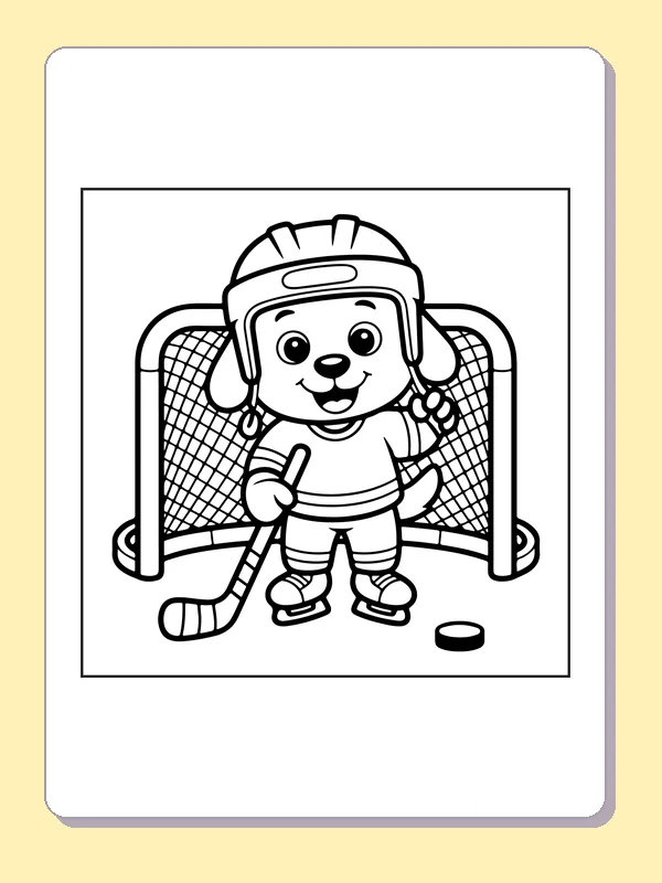 Black and white printable puppy goalie in hockey gear coloring sheet