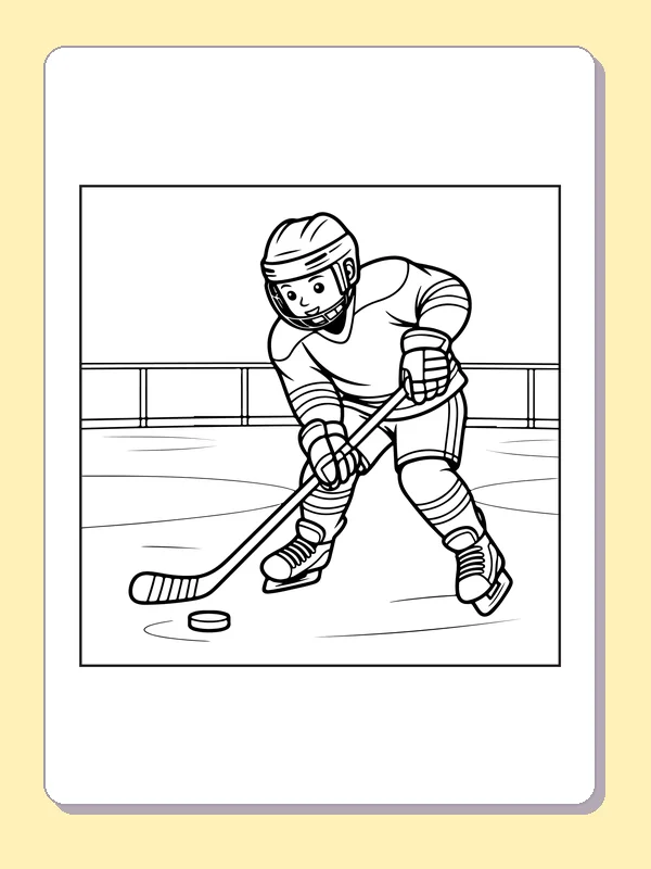 Black and white printable skater carrying the puck on the ice coloring sheet