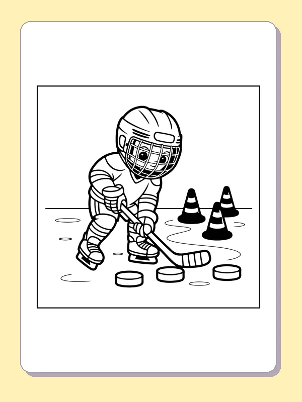 Black and white printable skater practicing between cones coloring sheet