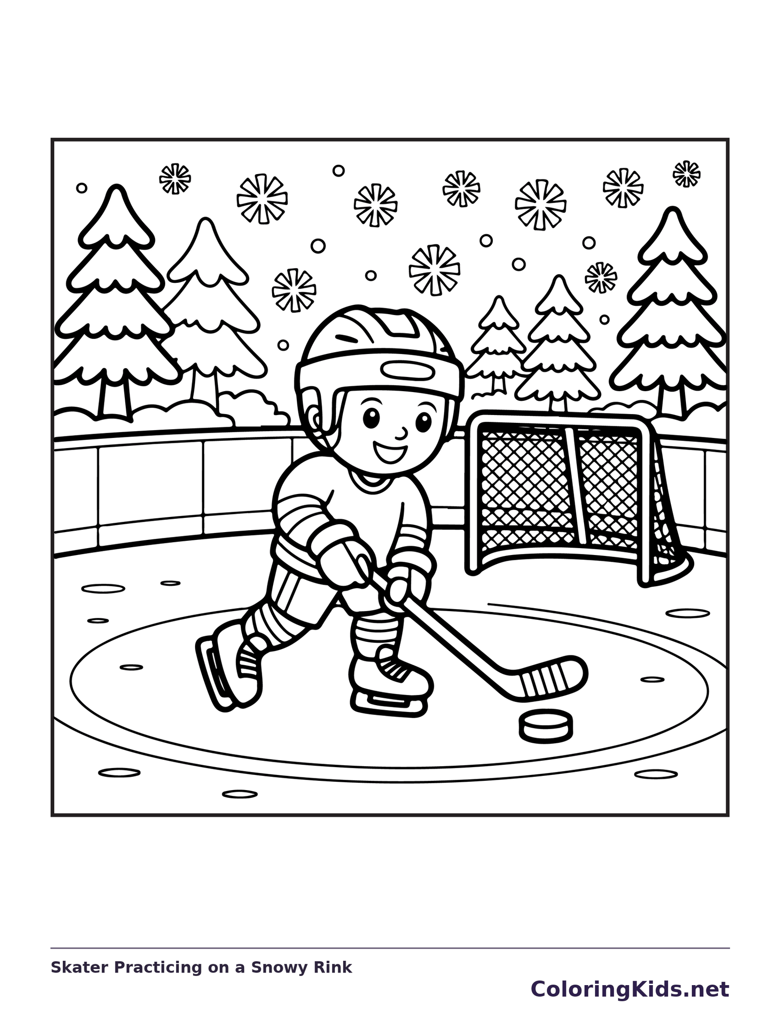 Black and white printable skater practicing on a snowy rink coloring sheet