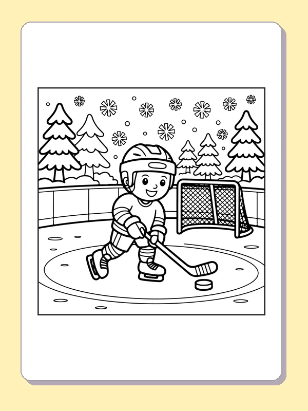 Black and white printable skater practicing on a snowy rink coloring sheet