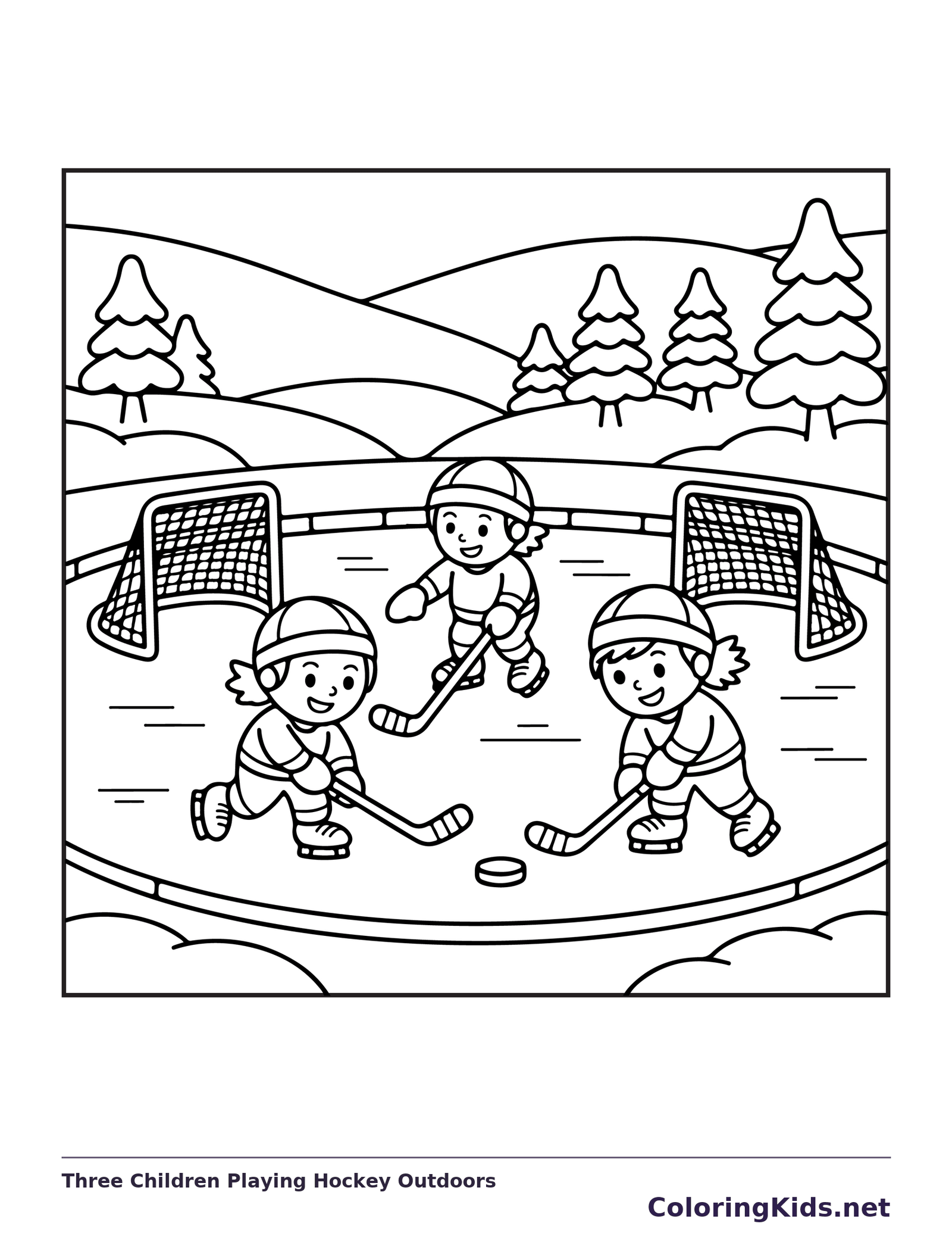 Black and white printable three children playing hockey outdoors coloring sheet