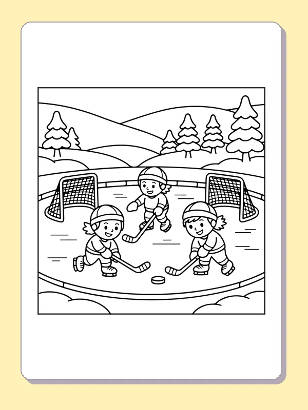 Black and white printable three children playing hockey outdoors coloring sheet