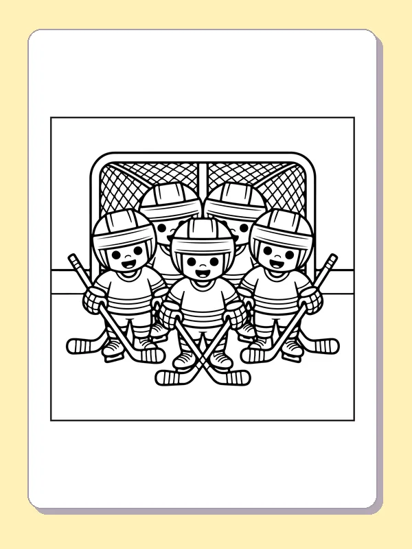 Black and white printable three hockey players by the net coloring sheet