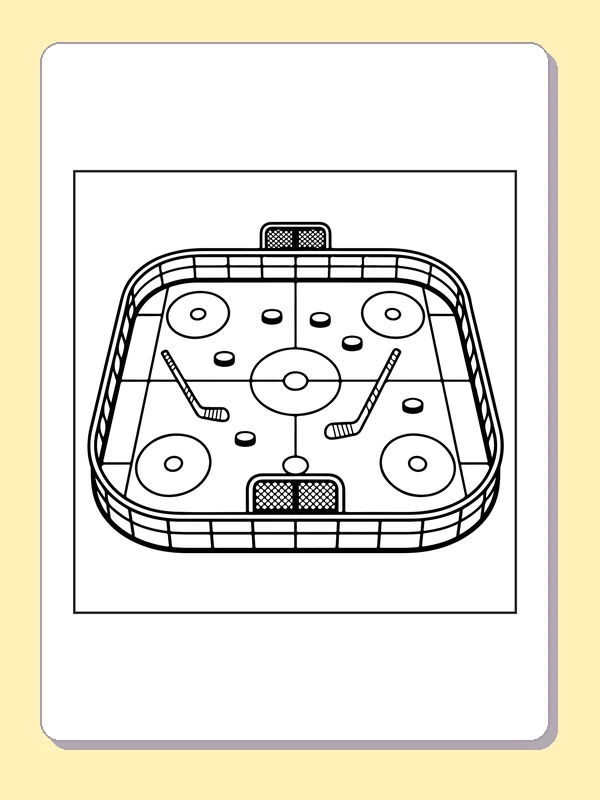 Black and white printable top view of an ice hockey rink coloring sheet