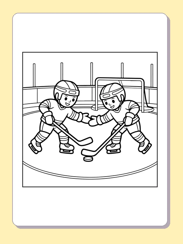 Black and white printable two players chasing the puck coloring sheet
