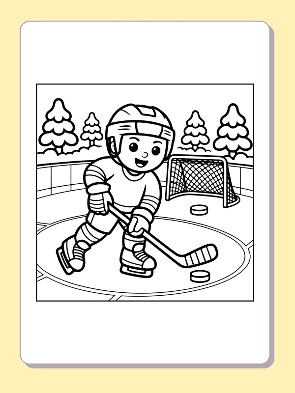 Black and white printable young hockey player in a winter rink coloring sheet