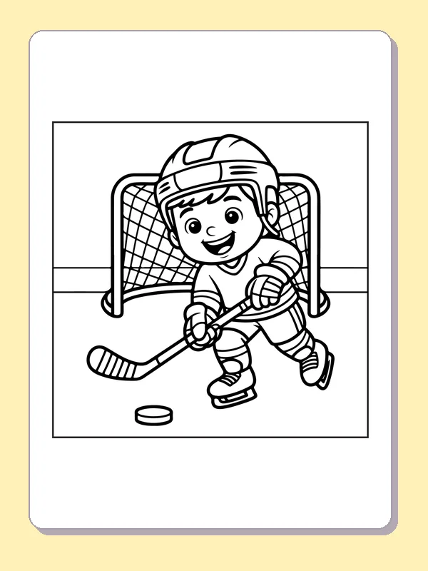 Black and white printable young skater shooting at goal coloring sheet