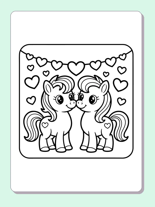 Black and white printable ponies beneath a heart garland coloring sheet