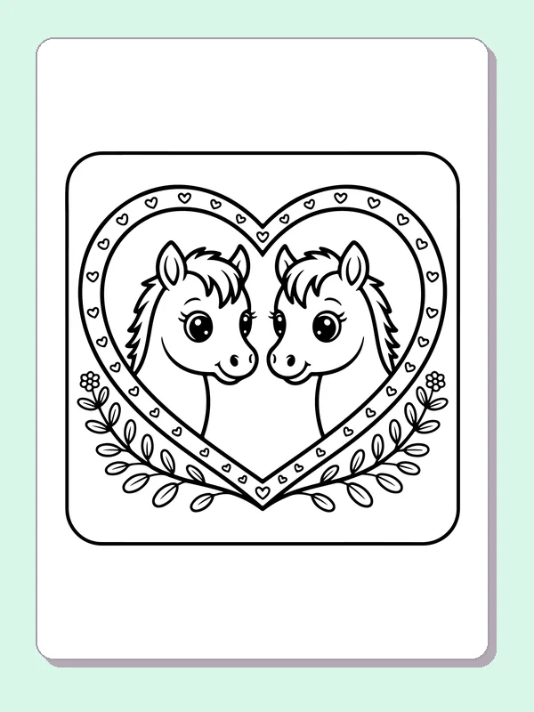Black and white printable ponies in a double heart frame coloring sheet