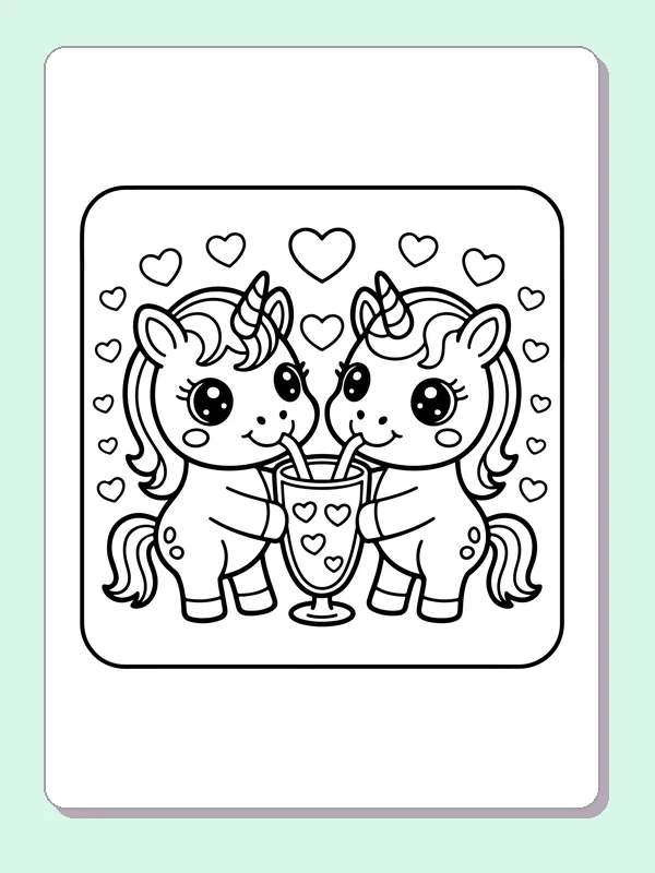 Black and white printable ponies sharing a valentine drink coloring sheet