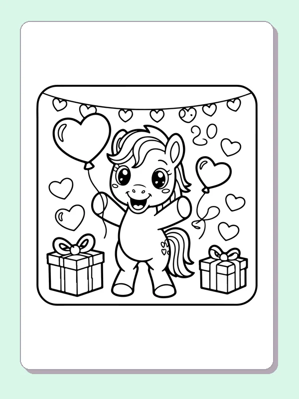 Black and white printable pony with heart balloons and gifts coloring sheet