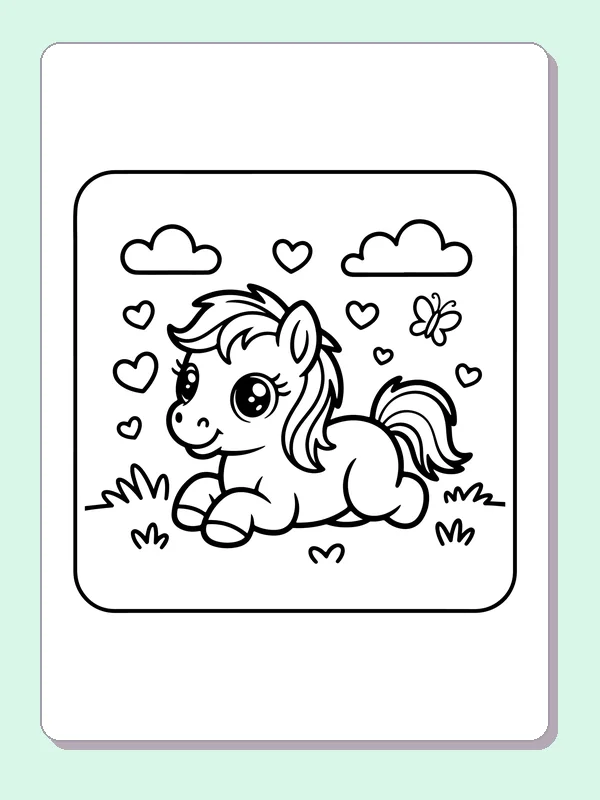 Black and white printable resting pony on the grass coloring sheet
