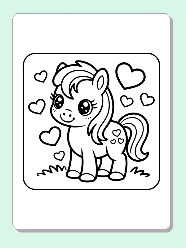 Black and white printable standing pony with heart markings coloring sheet