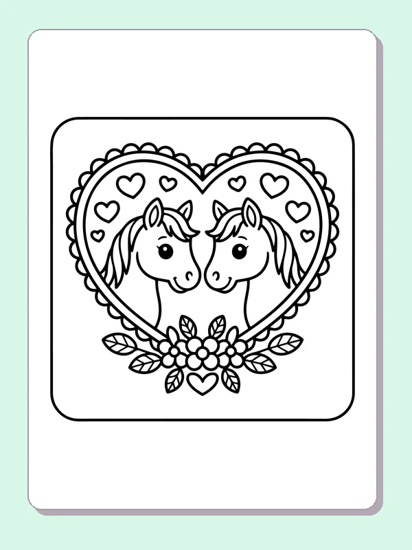 Black and white printable two ponies in a flower heart coloring sheet