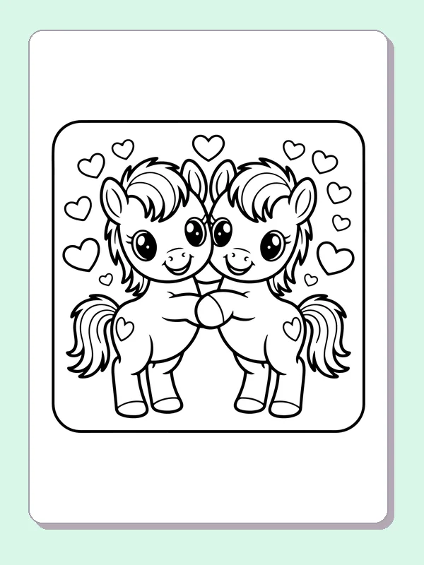 Black and white printable two ponies sharing a hug coloring sheet