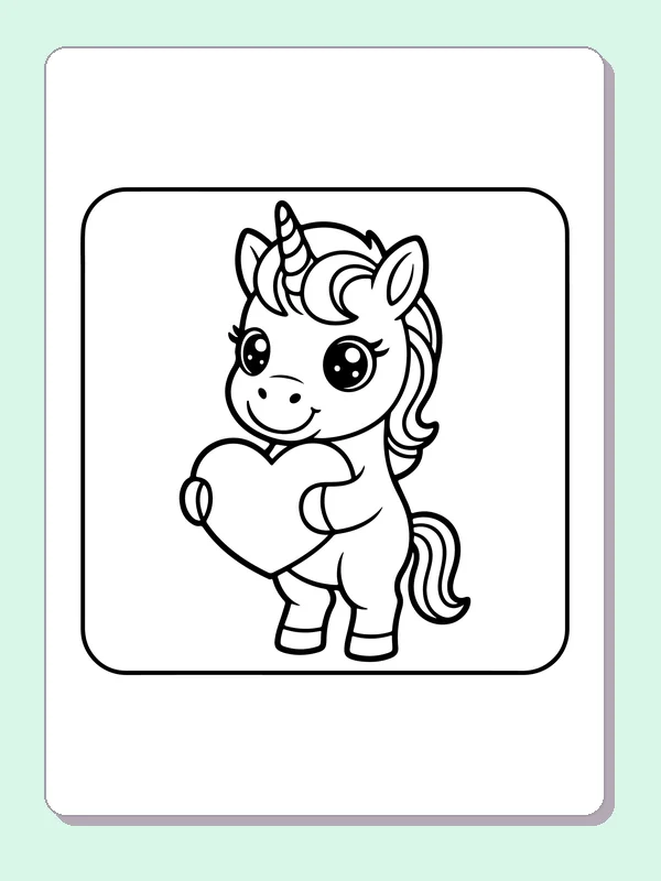 Black and white printable unicorn holding a big heart coloring sheet