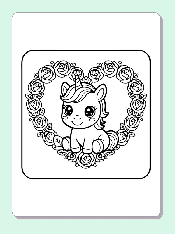 Black and white printable unicorn inside a rose wreath coloring sheet