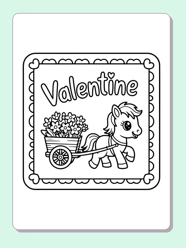Black and white printable valentine pony pulling a flower cart coloring sheet