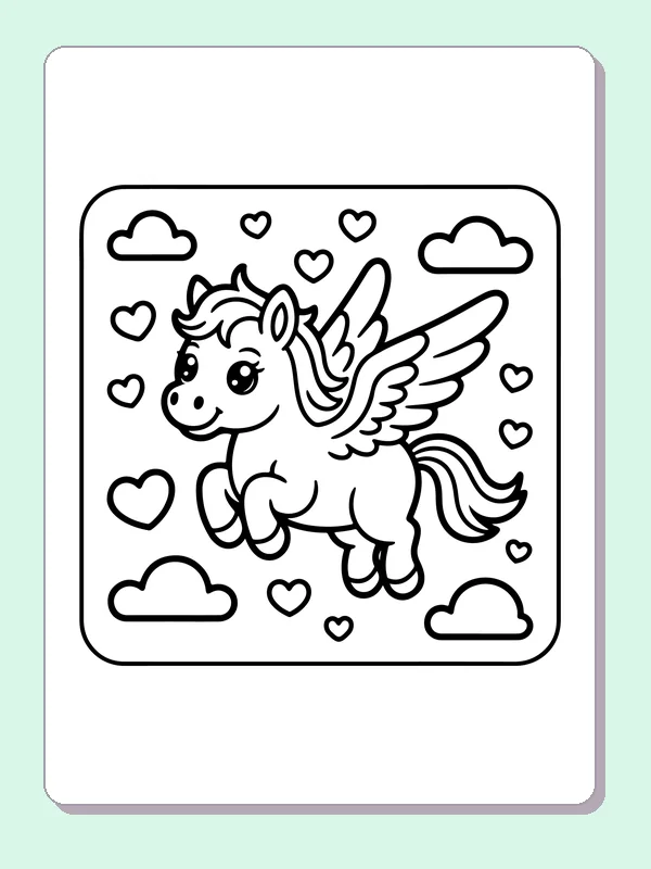 Black and white printable winged pony flying through hearts coloring sheet