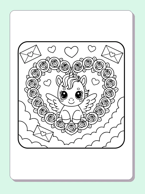 Black and white printable winged unicorn in a rose circle coloring sheet
