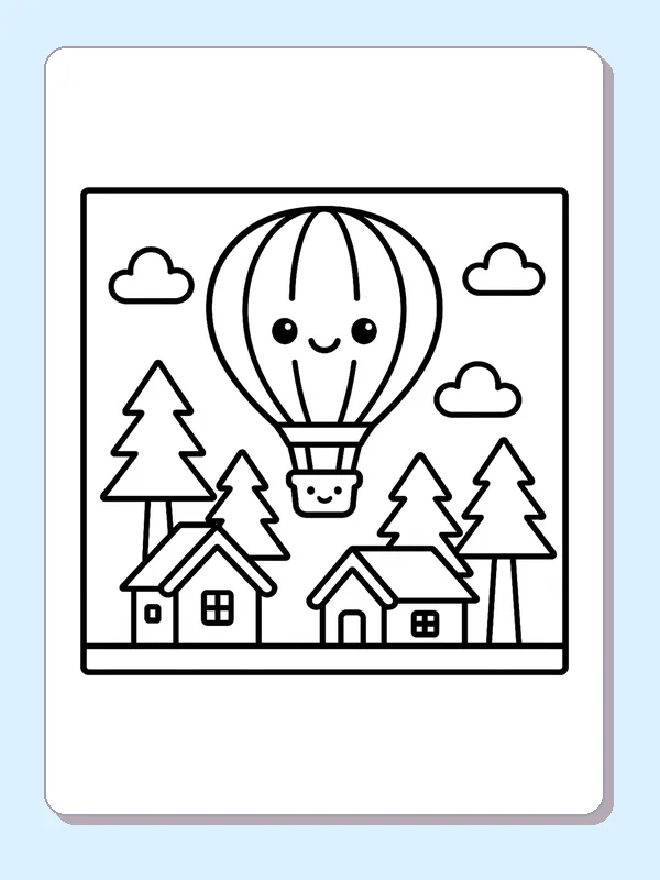 Black and white printable balloon above pine houses coloring sheet