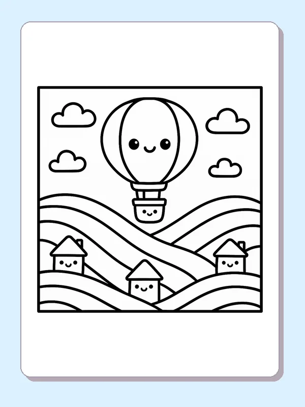 Black and white printable balloon above rolling hills coloring sheet