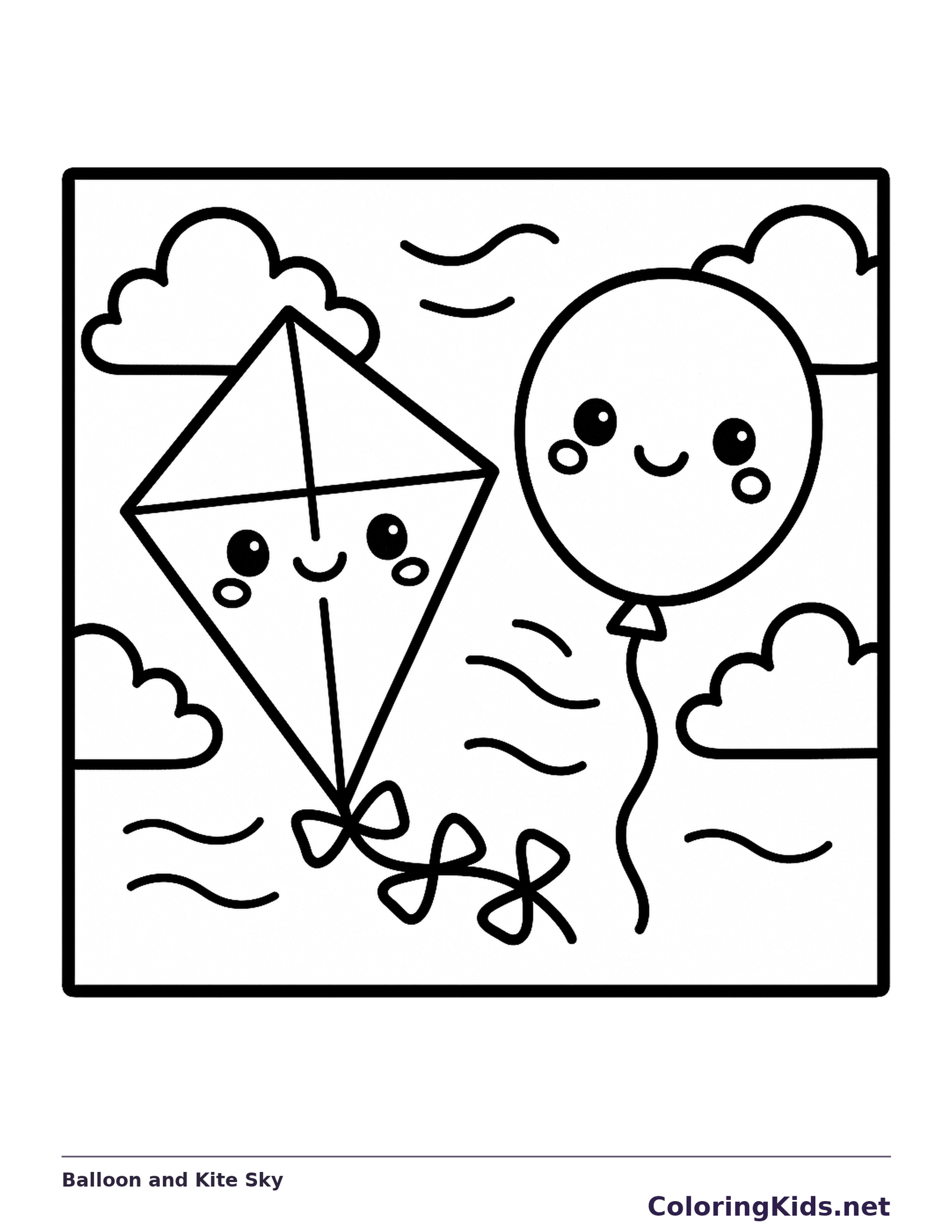 Black and white printable balloon and kite sky coloring sheet