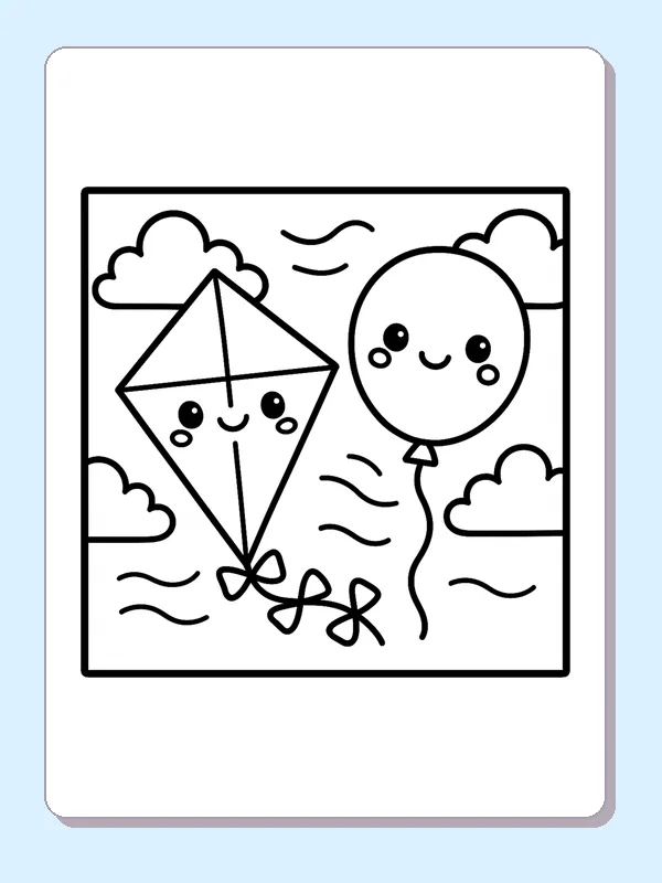 Black and white printable balloon and kite sky coloring sheet