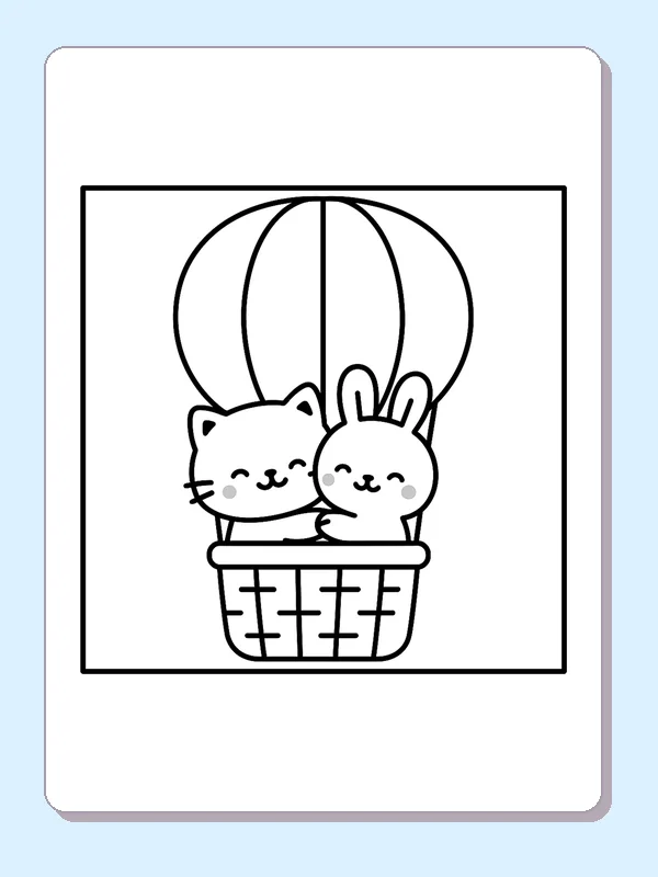 Black and white printable cat and rabbit balloon ride coloring sheet