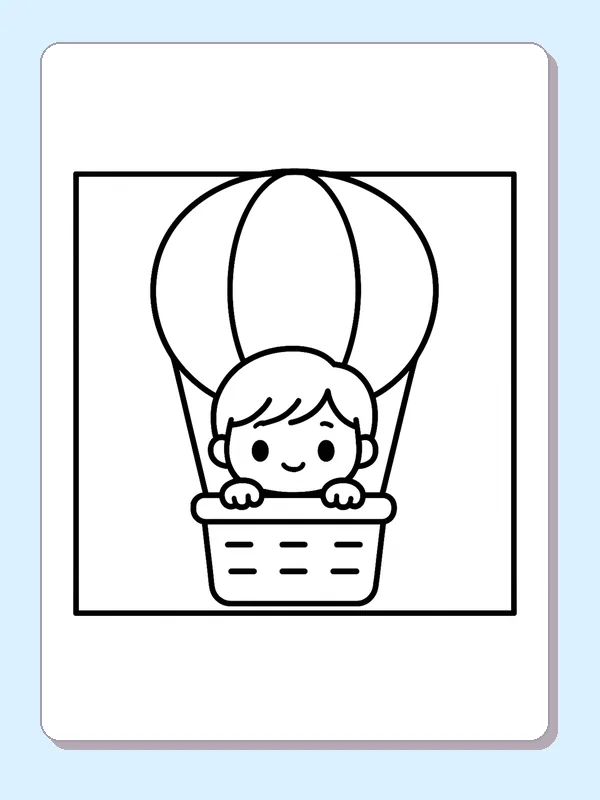 Black and white printable child peeking from basket coloring sheet