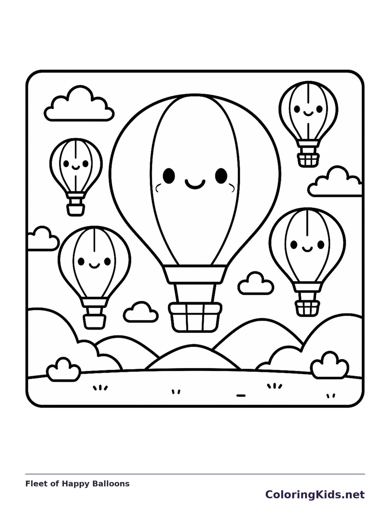 Black and white printable fleet of happy balloons coloring sheet