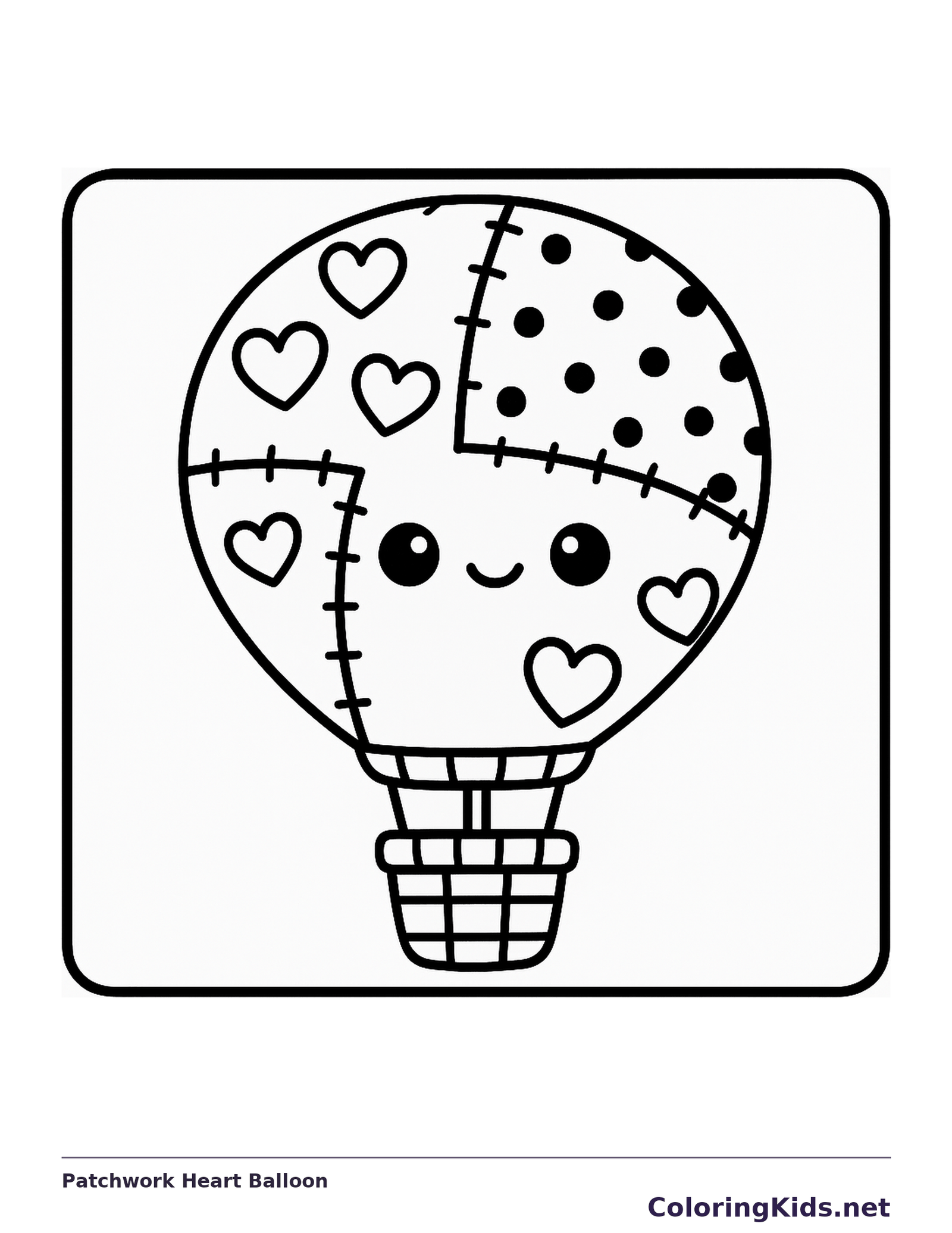 Black and white printable patchwork heart balloon coloring sheet