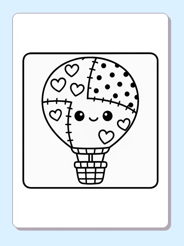 Black and white printable patchwork heart balloon coloring sheet