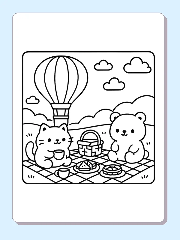 Black and white printable picnic under floating balloon coloring sheet