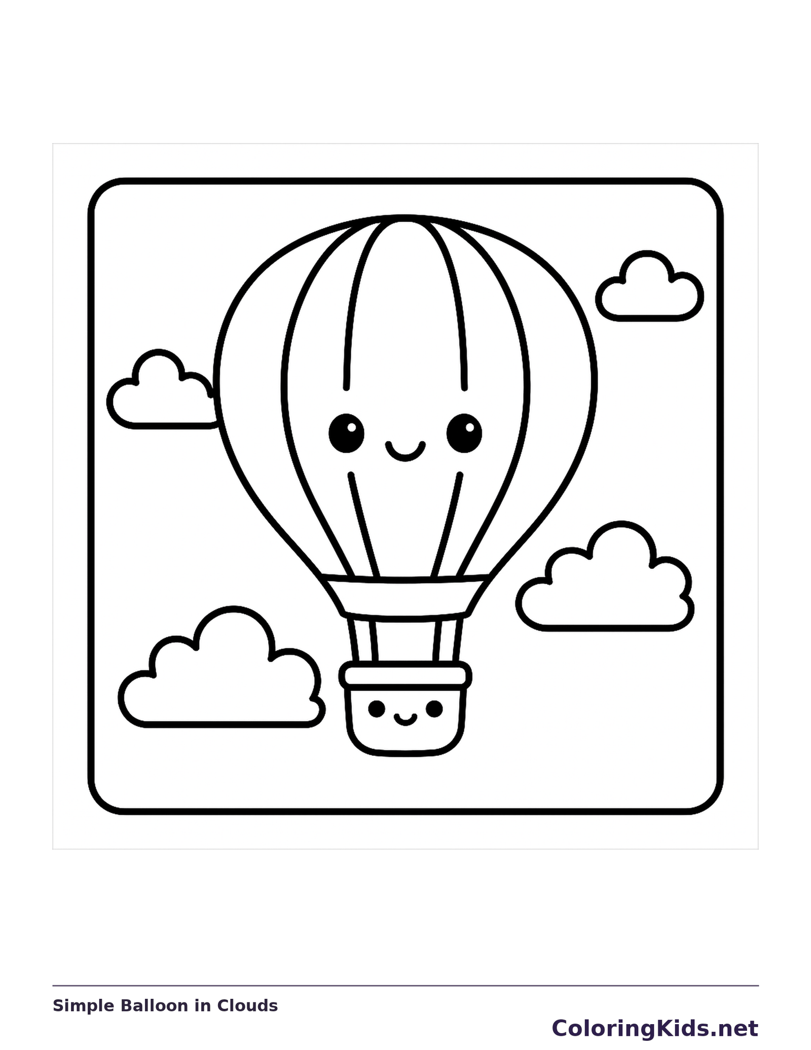 Black and white printable simple balloon in clouds coloring sheet