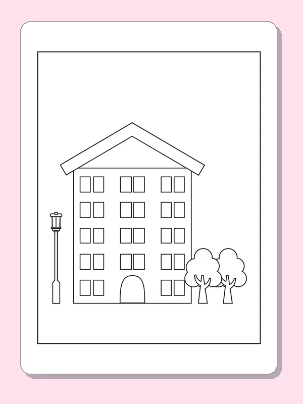 Apartment Block with Window Rows coloring page: black and white line art to print or color online