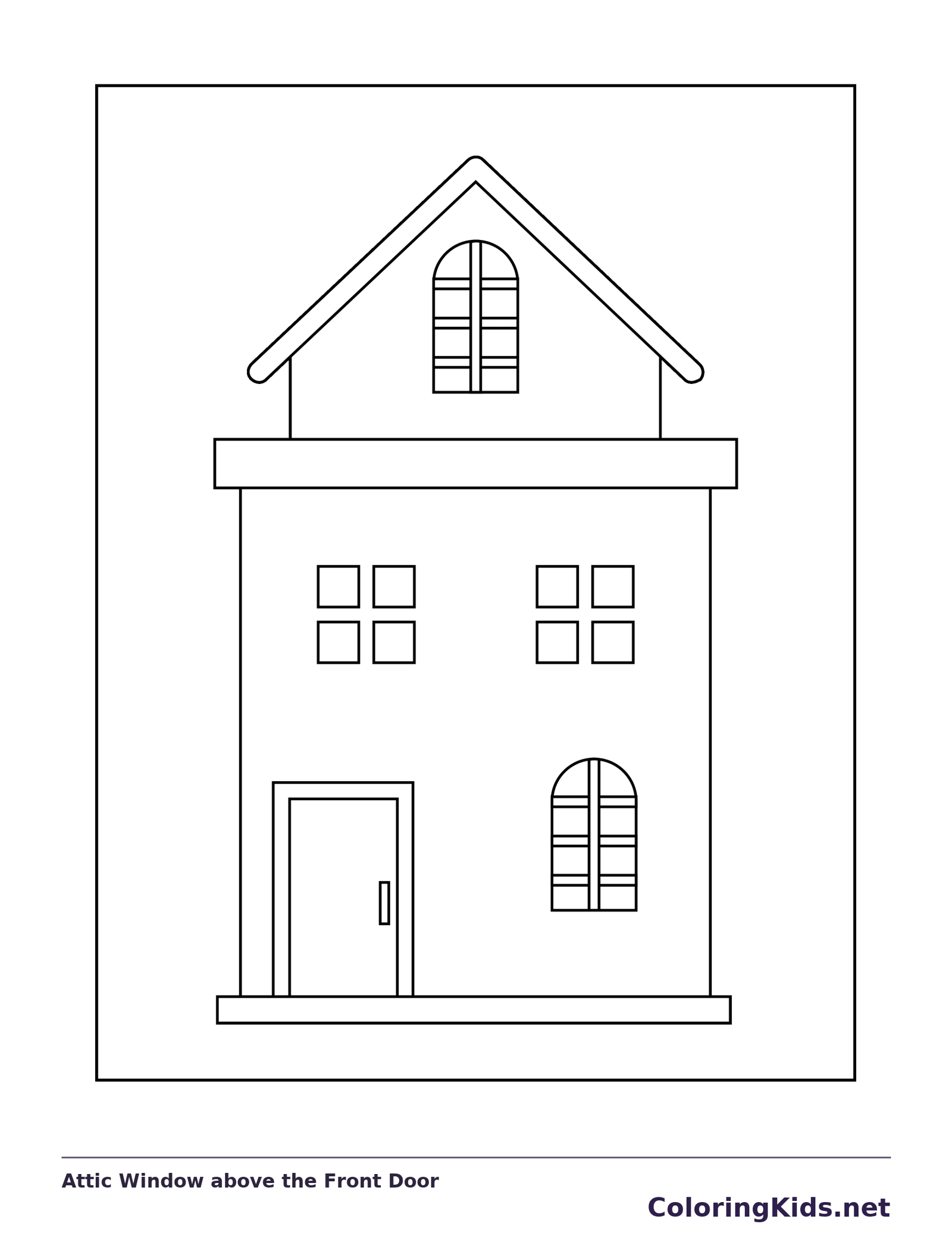Attic Window above the Front Door coloring page: black and white line art to print or color online