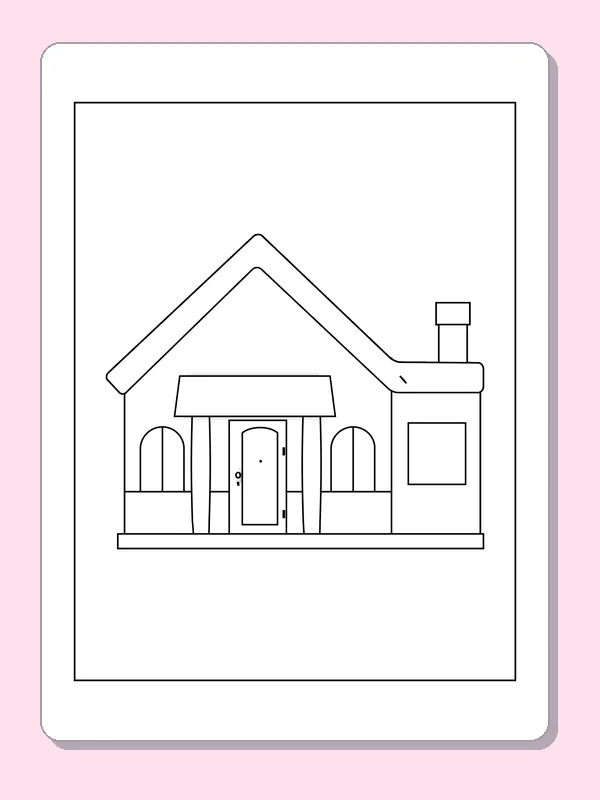 Chimney Home with Covered Entry coloring page: black and white line art to print or color online