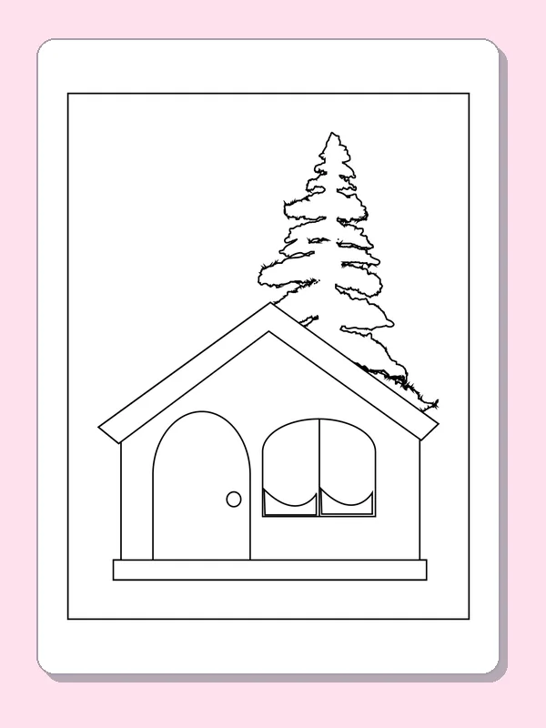 Little Cottage below One Pine coloring page: black and white line art to print or color online