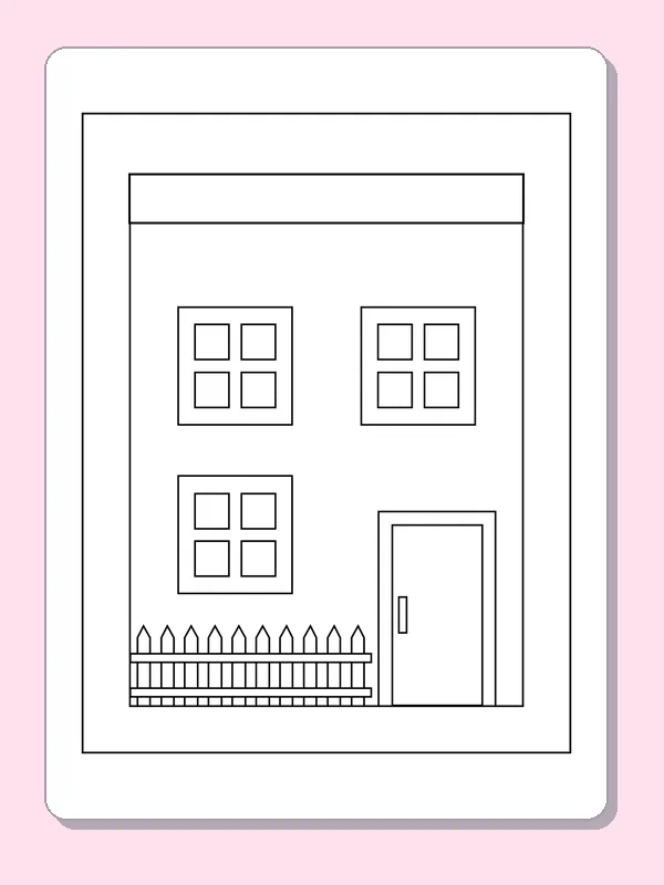 Picket Fence beside a Tall Home coloring page: black and white line art to print or color online