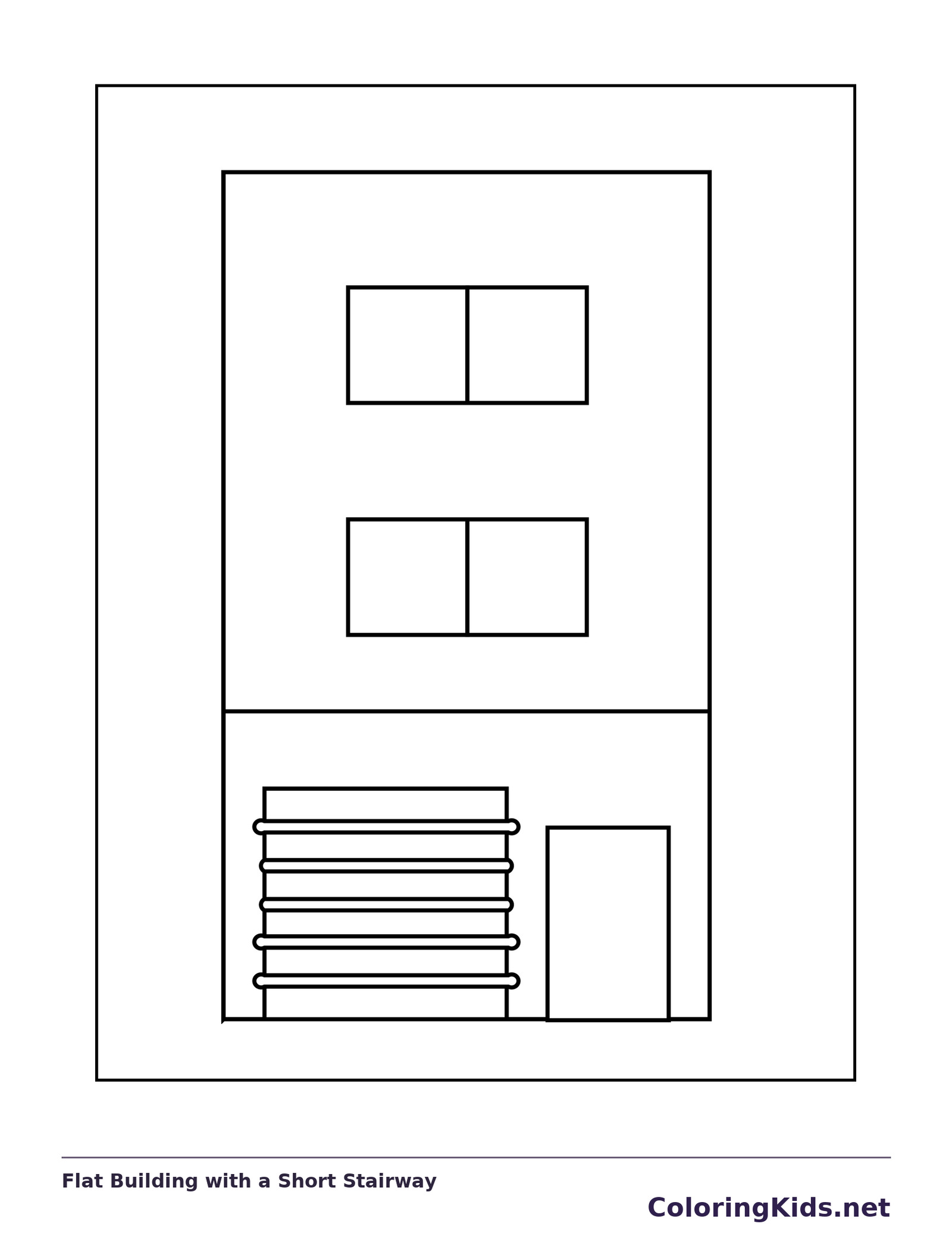 Flat Building with a Short Stairway coloring page: black and white line art to print or color online