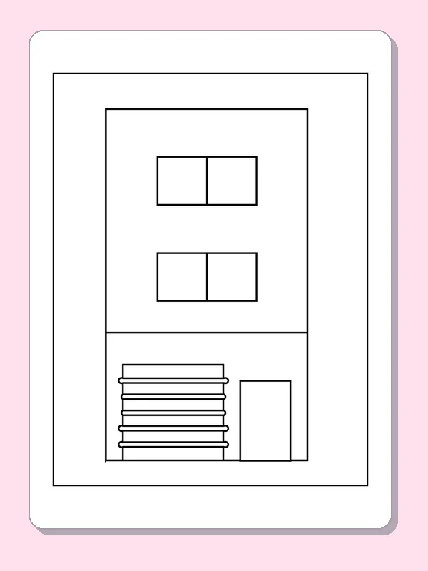 Flat Building with a Short Stairway coloring page: black and white line art to print or color online