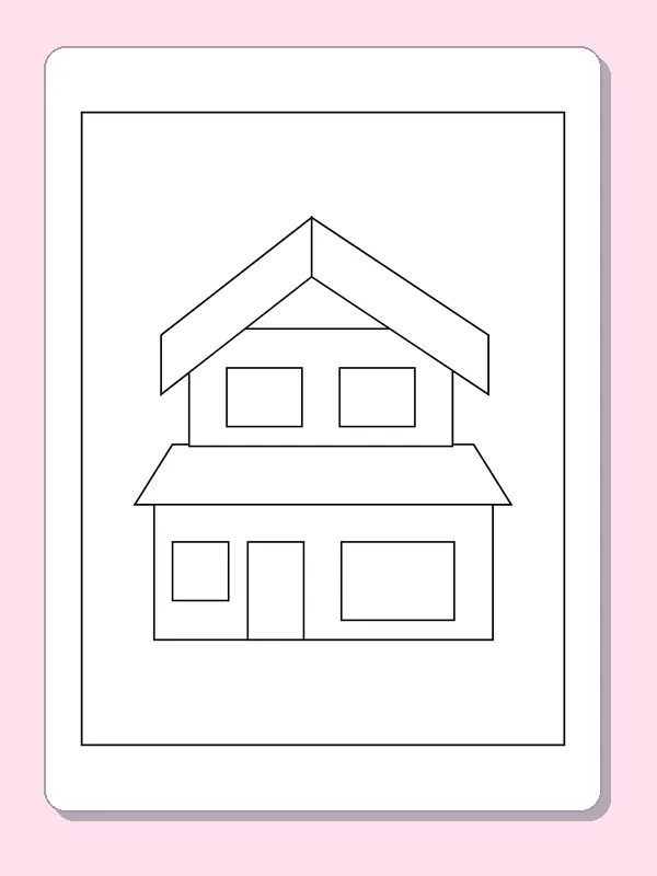 Two-Story Home with a Wide Lower Window coloring page: black and white line art to print or color online