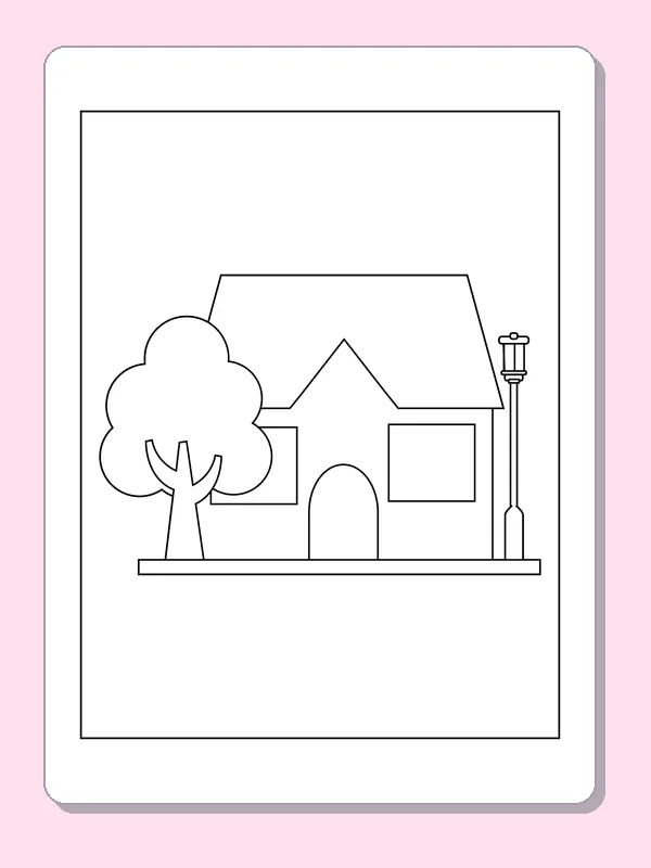 Tree and Lamp beside a Gabled Home coloring page: black and white line art to print or color online