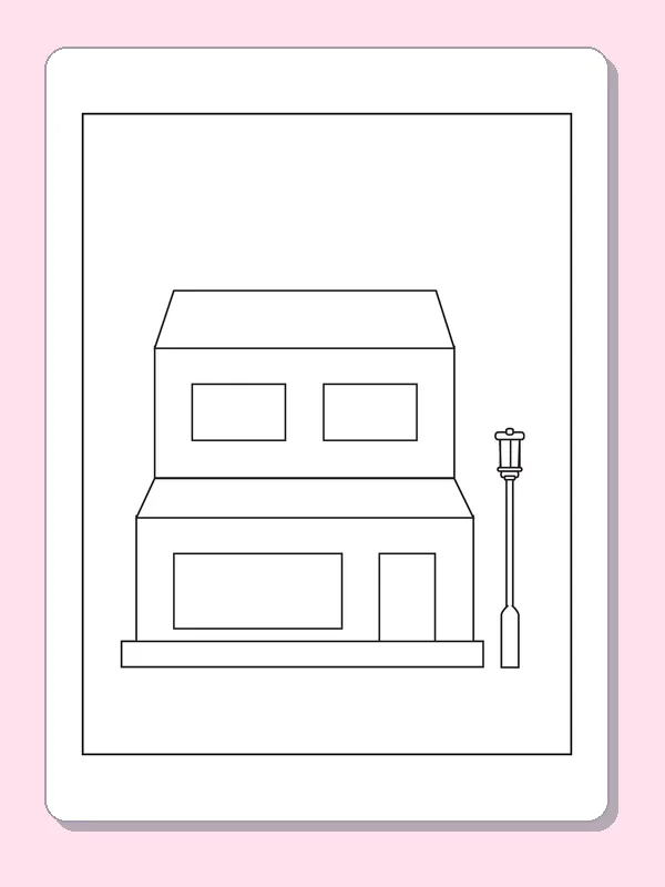 Two-Story House by a Streetlamp coloring page: black and white line art to print or color online