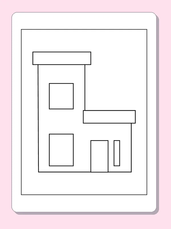 Modern Home with Stepped Roofs coloring page: black and white line art to print or color online